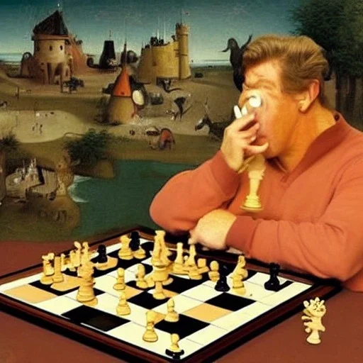 Shooter McGavin from Happy Gilmore playing chess with Donkey Kong in the style of Hieronymus Bosch