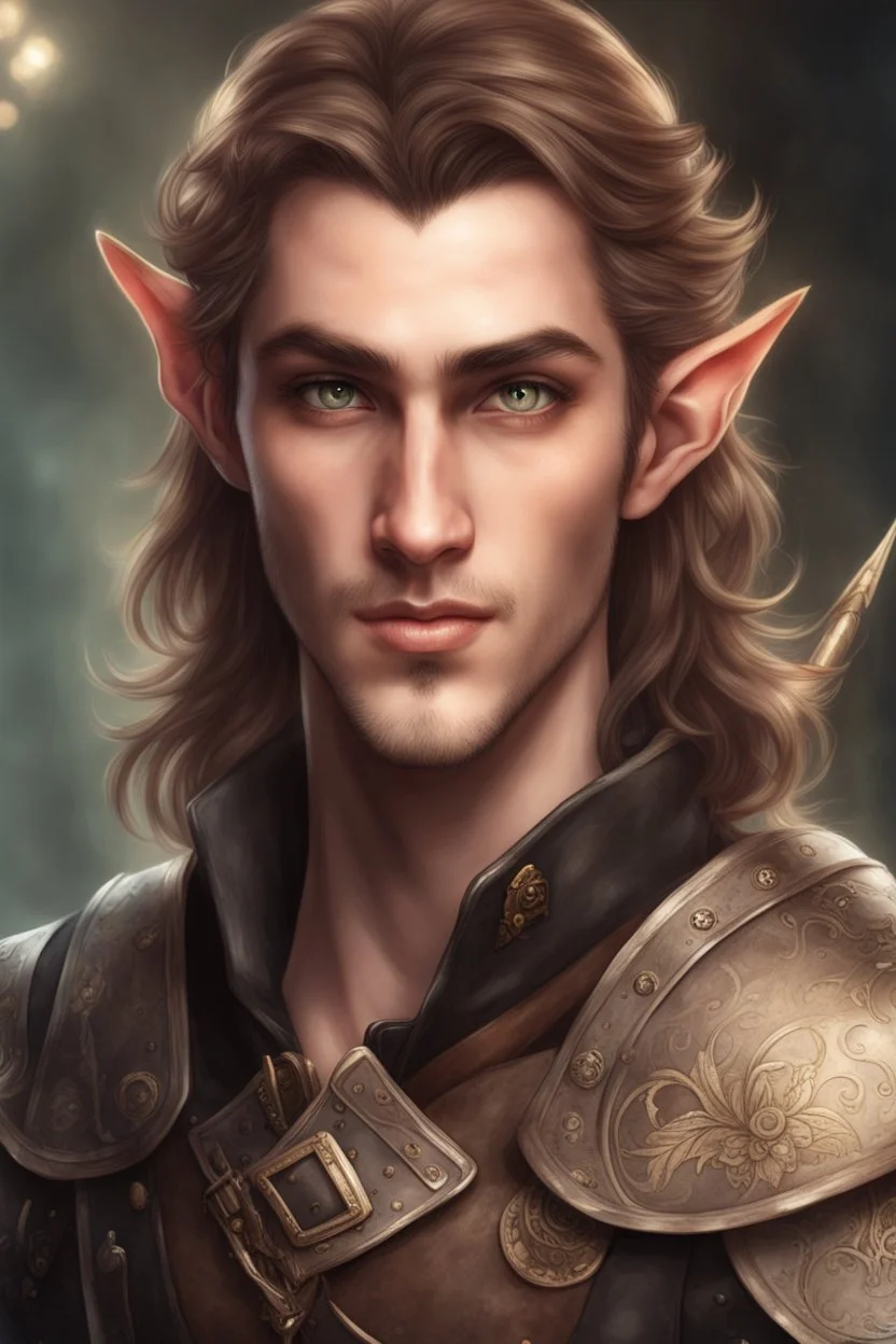 24-year-old, mischievous-looking elven male in black steampunk uniform