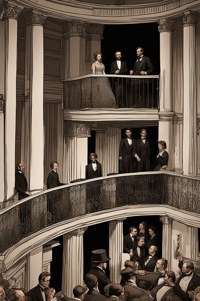 llustrate the presidential box on the balcony level, portraying Abraham Lincoln, his wife, and their guests as they enjoy the play. Highlight the vulnerability of Lincoln without proper security, setting the stage for the impending tragedy