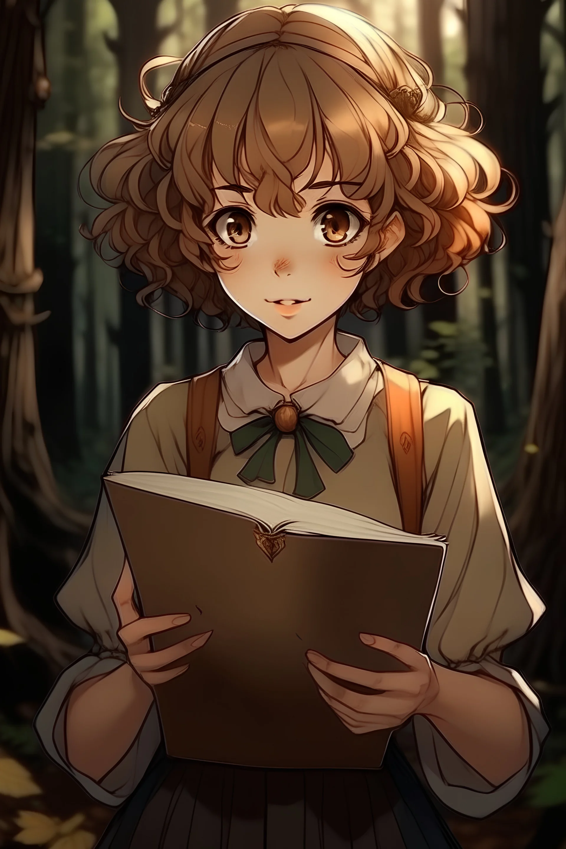 Manga L'atelier des sorciers sorcières cheveux bouclé marron et court qui lance un sort avec son carnet dans une forêt