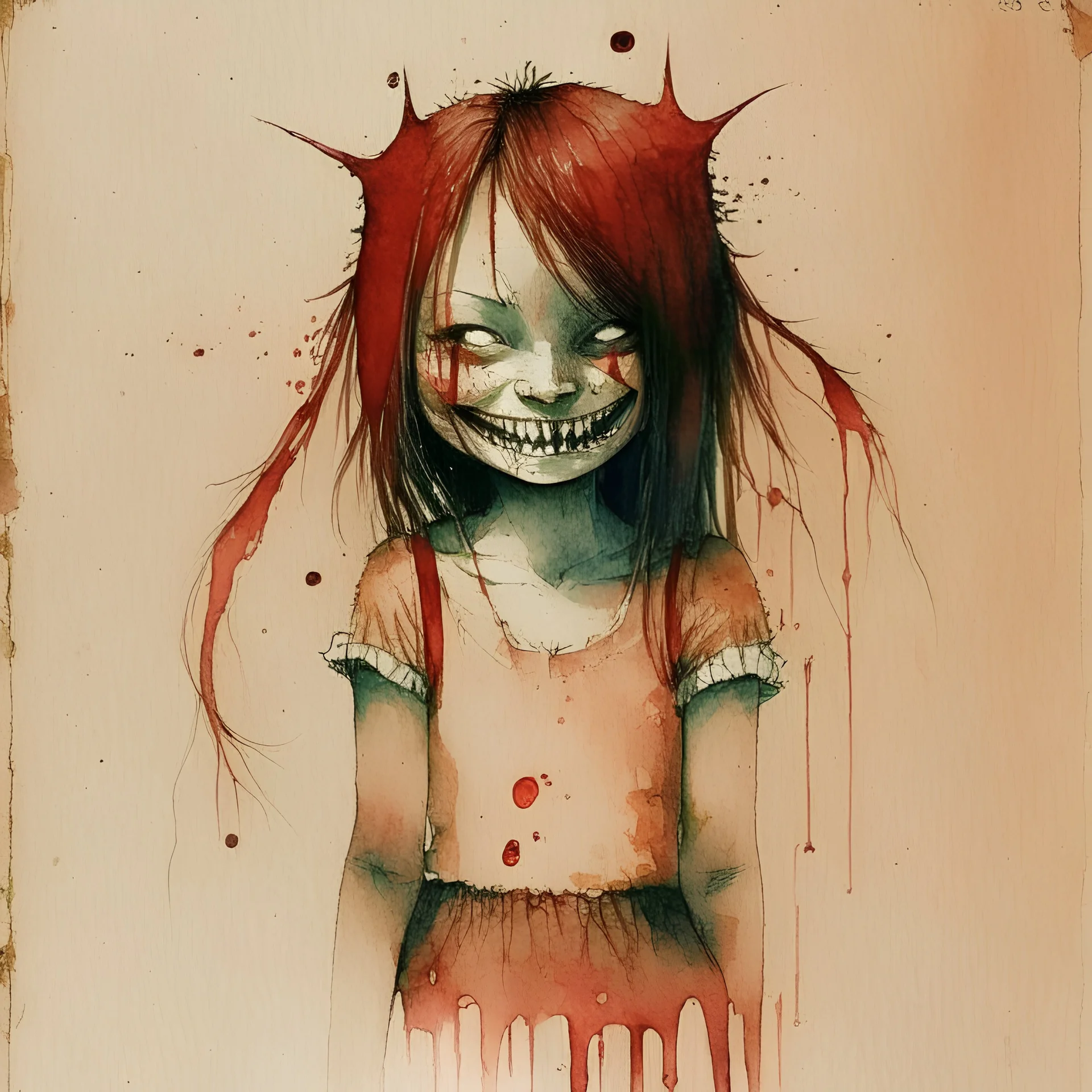 body anormal, smile blood, girl cute, watercolor illustration by <John Kenn Mortensen>, darkred tones,