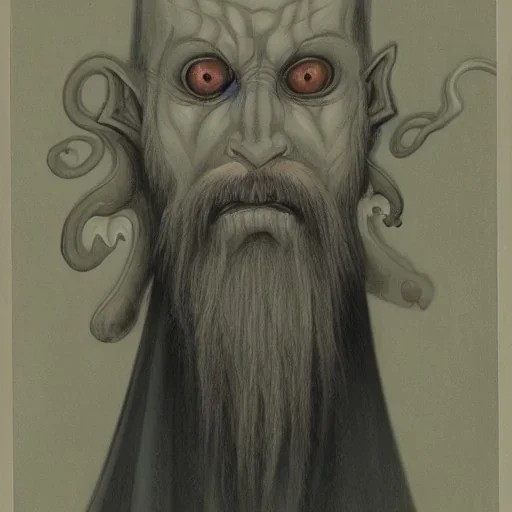 Vampire with yellow eyes with Cthulhu tentacle beard grey skin and vampire fangs and vampire bat nose as a Russian Orthodox