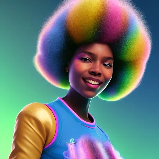 Ultra realistic photo. volumetric lighting , scientist. Young black woman, young, big smile. Joy. smiling. Afro futurism. Afro puffs. Blue hair. Ombré hair Cotton candy