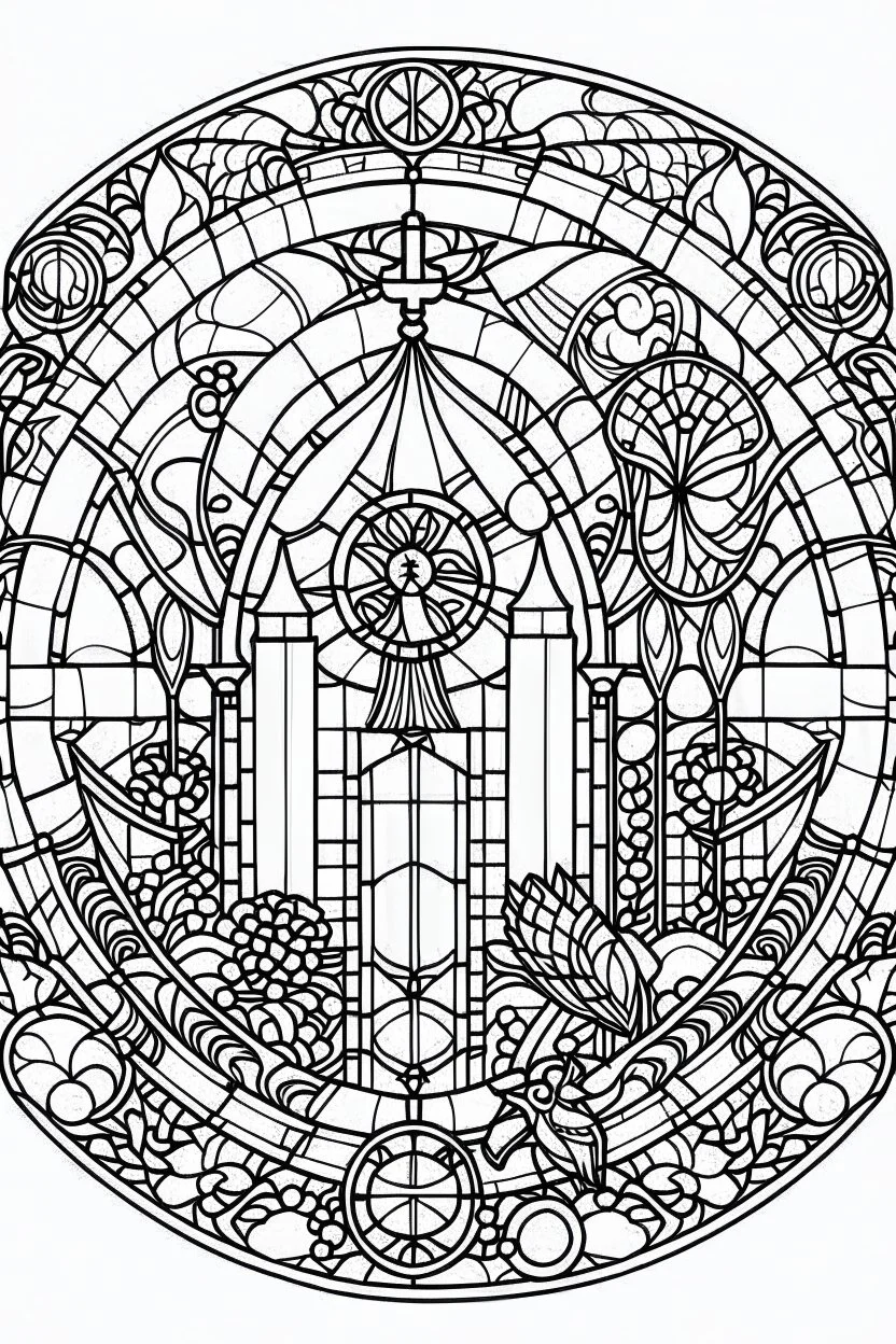 kids coloring page, stained glass church windows, cartoon style, thick lines, low detail, no shading