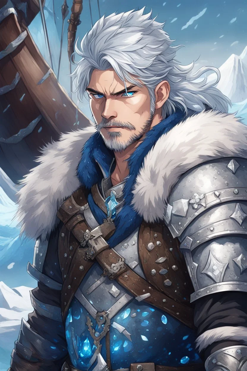 in anime style, 1man, a man with blue eyes and silver hair man in silver Viking armor with fur around the neck with blue crystal on his chest holding an axe in his hands standing on a pirate ship in the artic, warrior in anime style,