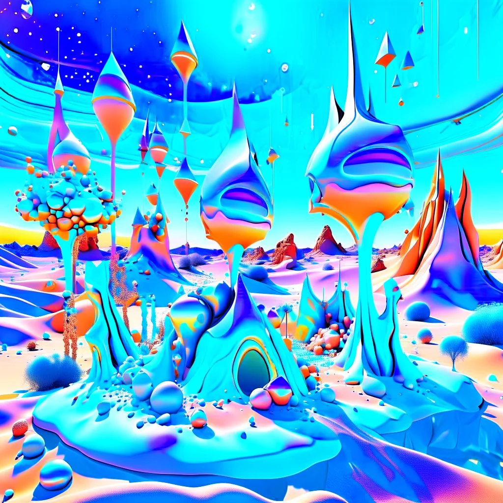 Bright, glittering, 3d, steel-like, surreal objects in a bright environment, desert, night light, melting cream, Yves Tanguy style