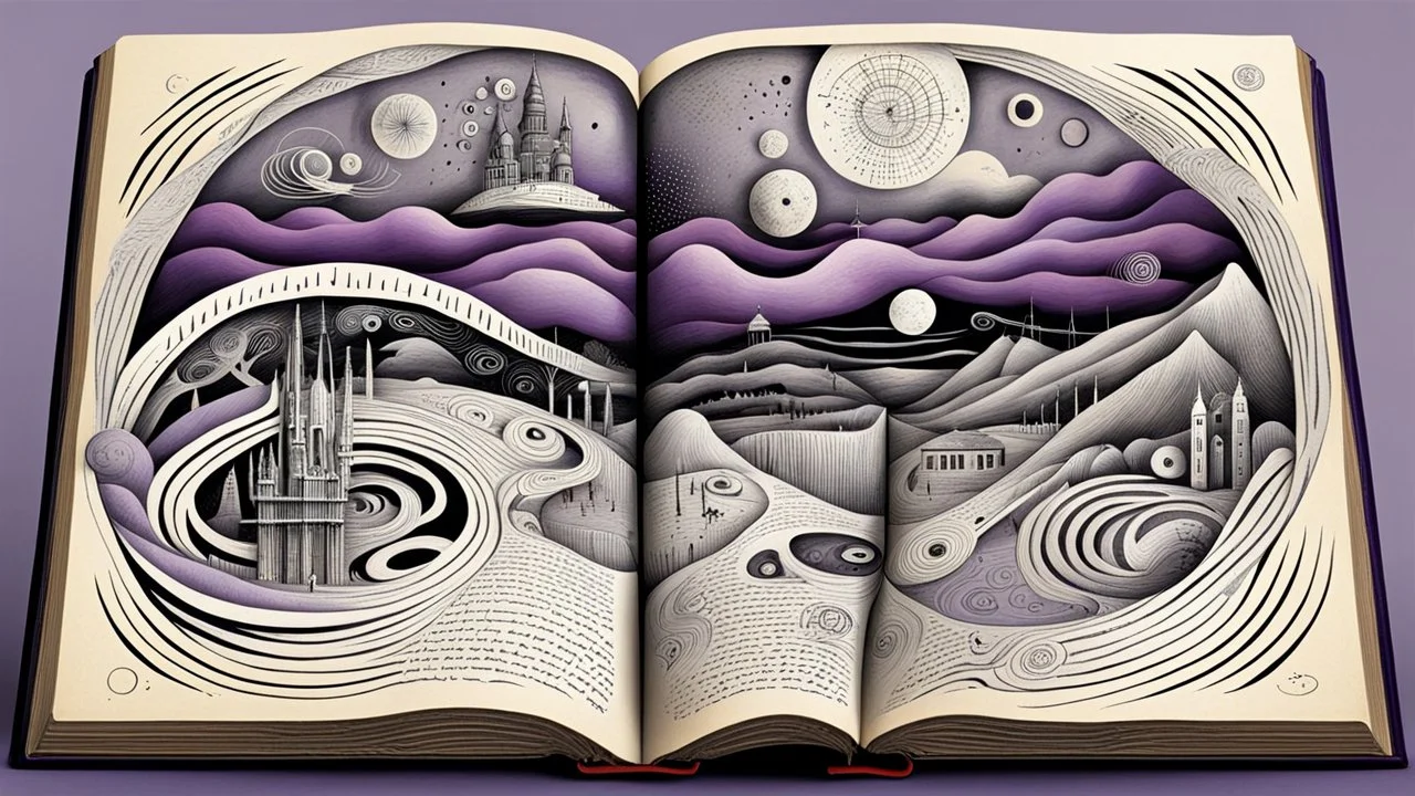 3d, egy kinyitott régi old book, kézírással írva egymás alatti hosszab, és rövidebb sorok, szavak, és listák egymás alatt, de nem olvasható betükkel, human form, circles, lines, compass, around weird whimsical landscape sharp lines, different size fade eyes, hands, building, bookmark, amorph shapes, fog, dark purple, gray, black, white, brown. nightmare style of Chagall , of Minjae Lee, Anton Semenov, Bosch, lonely neurotipical life, fog in background, surreal vibe