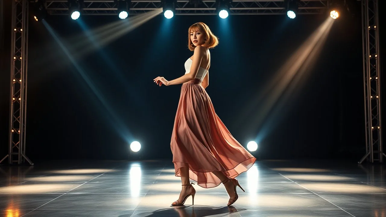 full body shot of a very beautiful lady with makeup and bob hair, wearing a pretty long skirt and heels, dancing gracefully on a modern stage with dynamic lights.