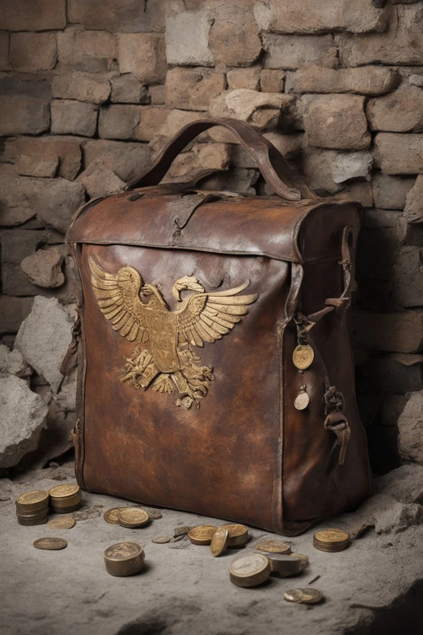 in the BASEMENT there is an old, broken brown oblong leather chest with short handles, from which gold coins from the time of Catherine the Great fall out. The ancient coat of arms of tsarist Russia, the double-headed eagle, is BARELY VISIBLE on the bag. There are a lot of broken bricks and earth around the bag. All in high quality 8K