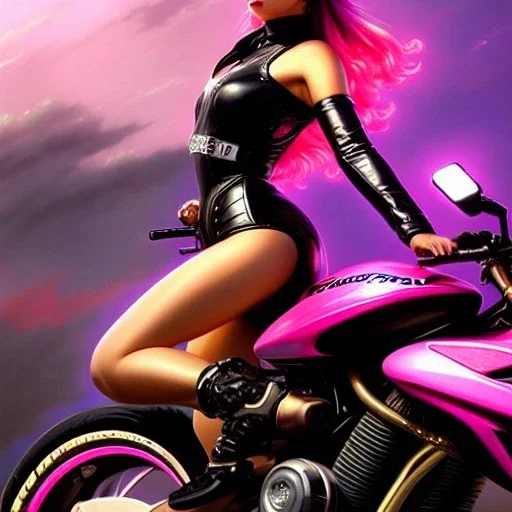 fullbody portrait 'beautiful face sexy Busty Female Biker riding a Superbike',hyperrealistic skin,Hyperrealistic crystal clear eyes,wearing skintight pink latex,painting by gaston bussiere, greg rutkowski, yoji shinkawa, yoshitaka amano, tsutomu nihei, donato giancola, tim hildebrandt,Evan Lee,Akira-Raikou, oil on canvas, cinematic composition,sharp image, extreme detail,((fit full head inside picture)),32k