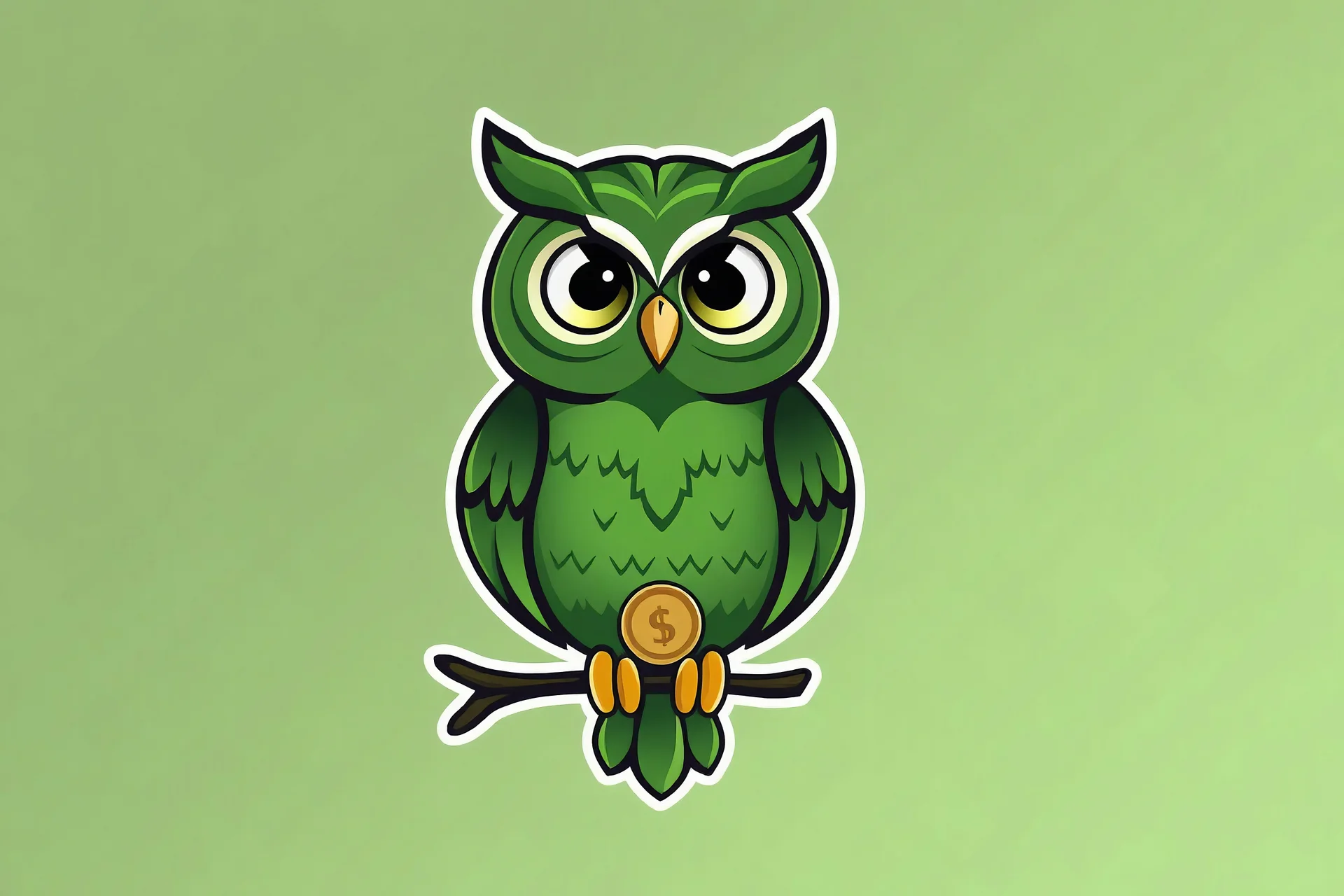 Design an owl with green feathers, perched confidently. The owl should have large, wise eyes and a soft, approachable expression. Incorporate a coin or a small digital wallet into its talons, emphasizing financial wisdom and guidance. The feathers can have slight gradients or patterns that give a modern, digital feel, blending tradition with technology. Color Palette: Backgrounds - #0F5156 Backgrounds - #FFF5E7 Logo - #00CD78 WEB Backgrounds - #FFFFFF