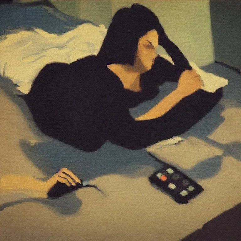 depressed woman typing at a smartphone laying on the floor of a dark bedroom impressionist