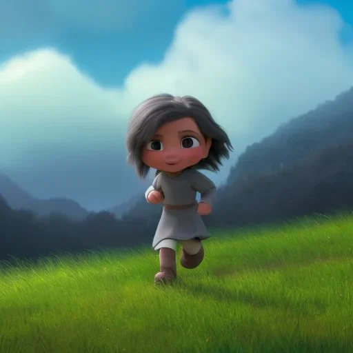 thick oil paint of a tiny little girl with long hair a grey hood covering face and a grey cloak side-running up a green grass hill, rimlight, profile, silhoutte, flare, colorful, joyful, bright, epic, realistic, detailed, sky in the background, happy pose, more colors, dragon flying over the mountains, leather boots