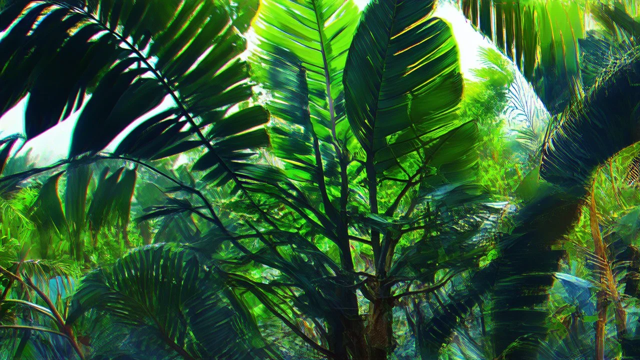 digital painting, A close-up view of large with intricate veins, surrounded by a blurred background of a tropical jungle, bold and slim lines, brush strokes