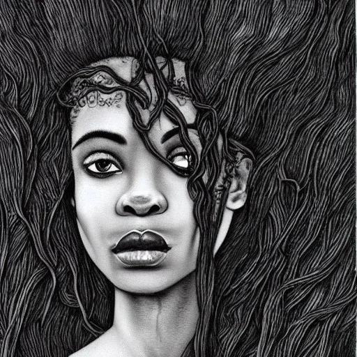 Paper. Pencil sketch art .the face of A young black woman. A wood nymph emerging from the forest. Her hair looks like vines. Dreadlocs. Her skin is the colour of dark soil. Her skin looks like tree bark. Her clothing is made of vines, grass and leaves.