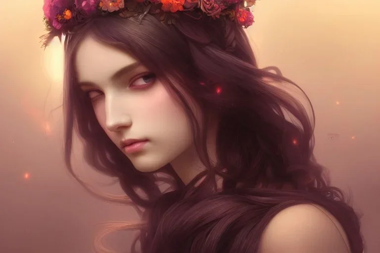 a beautiful cinematic female lolita goddess, flower crown, galatic shamen with quantum energy fantasy, fantasy magic, undercut hairstyle, dark light night, intricate, elegant, sharp focus, illustration, highly detailed, digital painting, concept art, matte, art by wlop and artgerm and greg rutkowski and alphonse mucha, masterpiece