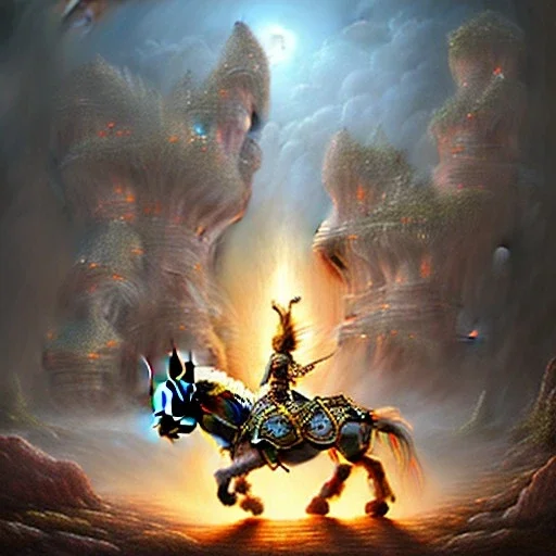 knight riding toy donkey through ring of fire, fantasy art