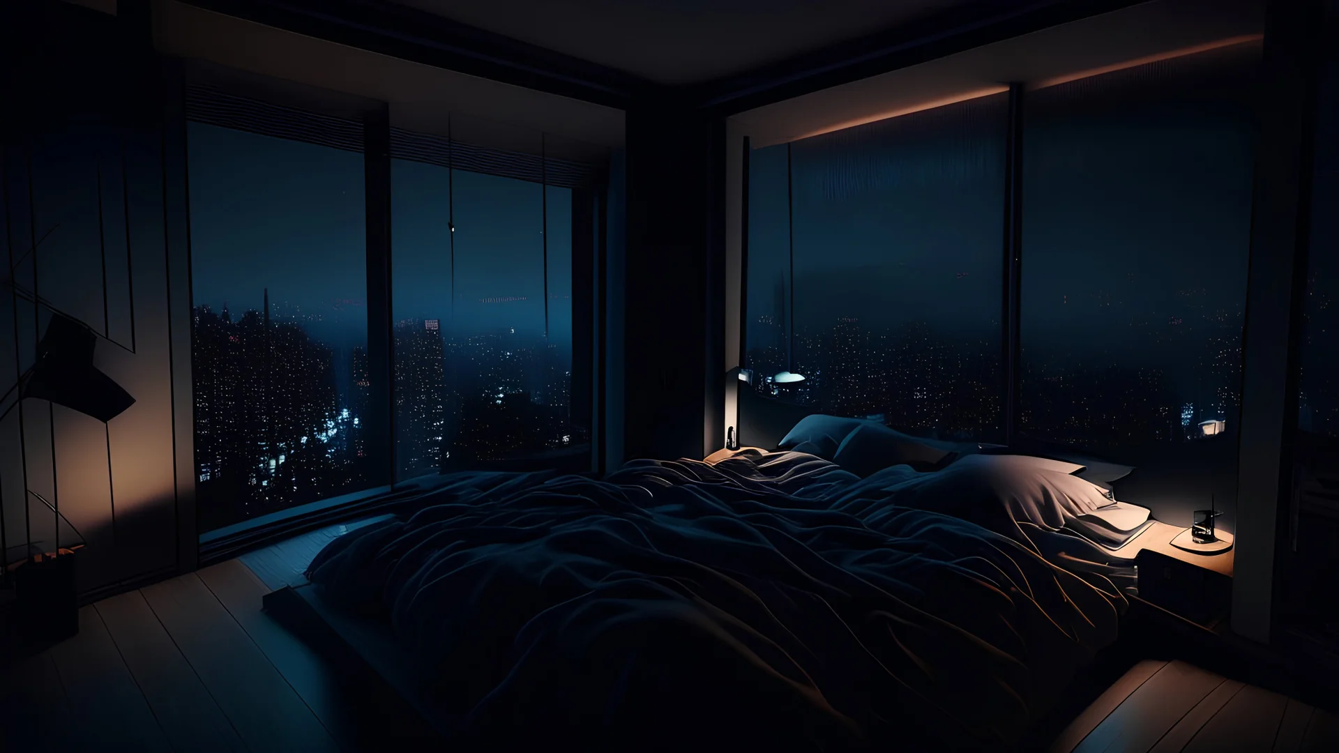 penthouse bedroom at night, dark gloomy, A room with a view of the city from the bed, generative ai By Annulus Studio