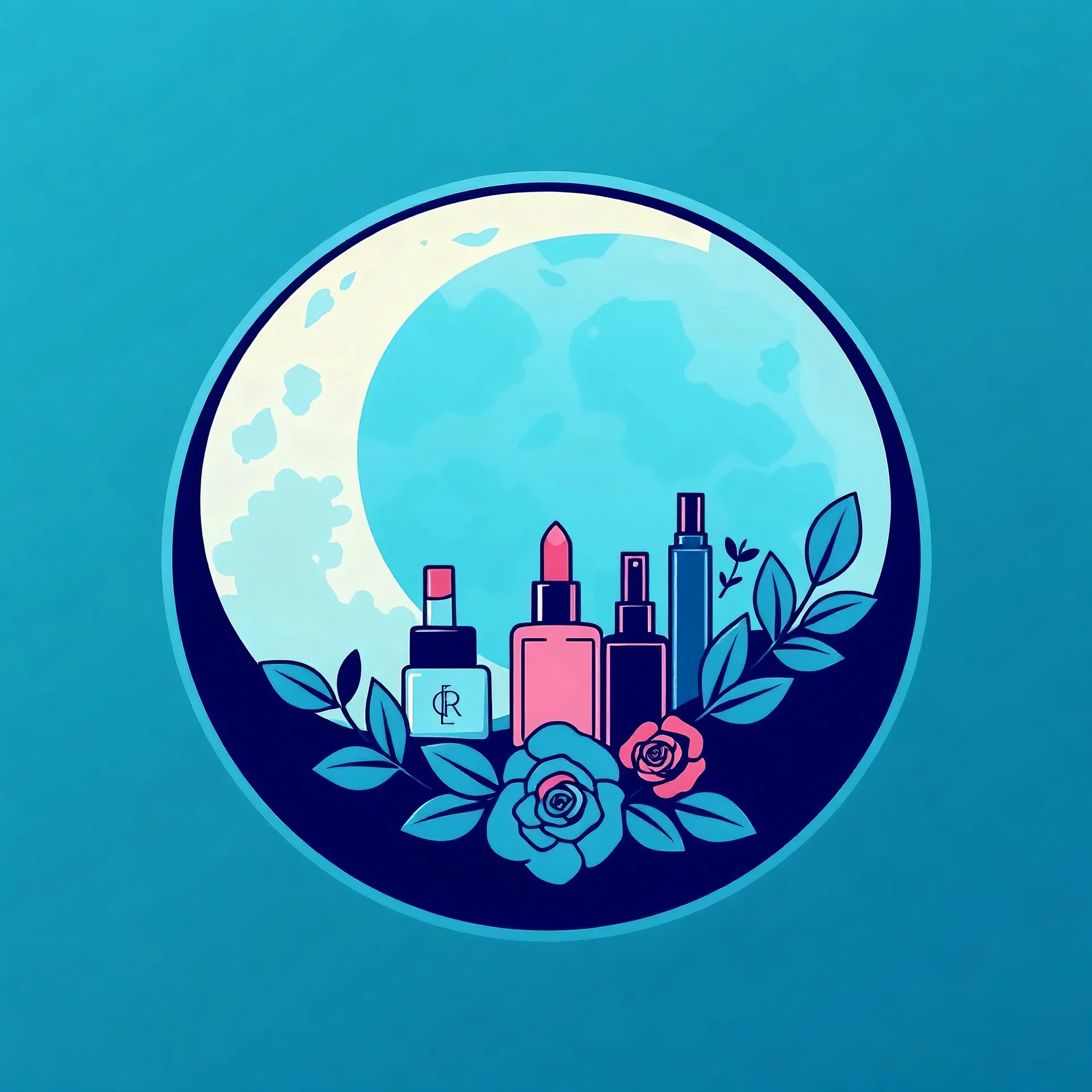 A circular logo designed for a cosmetics store with the symbol of the moon and turquoise and indigo colors and a blue and black circle decorated with cosmetics and nail polish, lipstick, body spray, body spray and rose leaves.