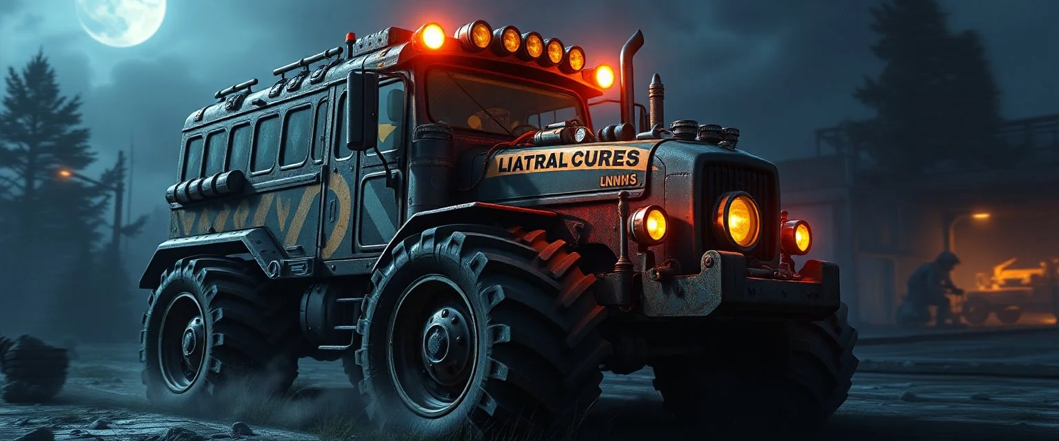Monster panzer bus tractor blues, driving to the fight, Metal riffs echo through the night. Coins in his pocket, smiles all around, He’s the happiest driver in all the battleground. (Verse 2) Goblins shout, axes clink and gleam, The kids are gone, but he keeps his dream. Horn goes “BRRRAAAM,” the drums collide, make it realistic 3d graphics in the style of gta 6
