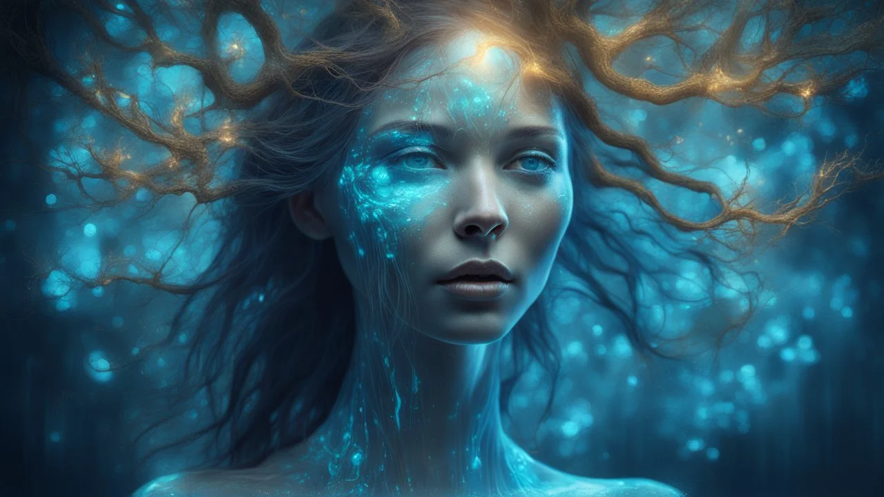 The photo is done in a bioluminescent and bioluminescent art style depicting a divine tree woman, double exposure, Bioluminescent wet translucent glowing skin, ethereal glowing eyes, embossed, long neck, perfect face in ultra-realistic details, blue shades, flowing hair, The composition simulates a cinematic film with dazzling, golden and silver lighting effects. Intricate details, sharp focus, crystal clear skin create high detail. 3d, 64k, high resolution, high detail, computer graphics, hyper