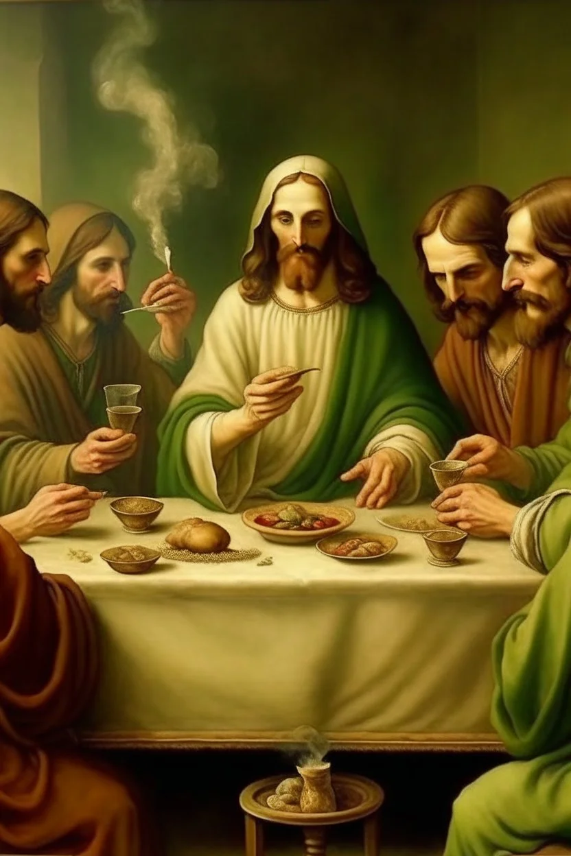 Jesus and friends smoking, the last meal davinci.