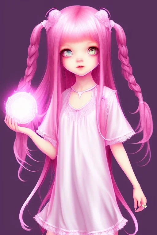 Loli wearing long nightgown, hands behind back, wholesome, innocent, long pink hair, tilted head