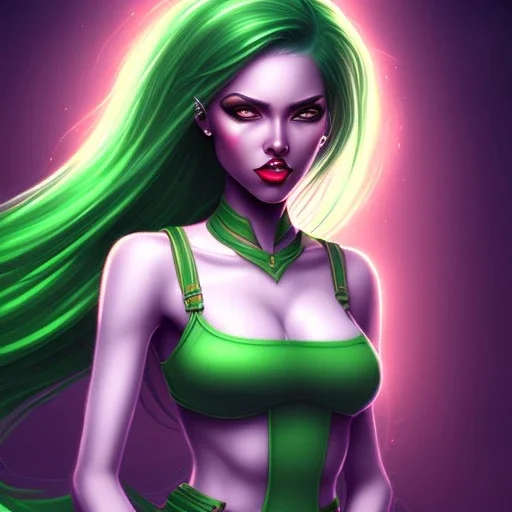 fantasy setting, woman, dark-skinned, green hair