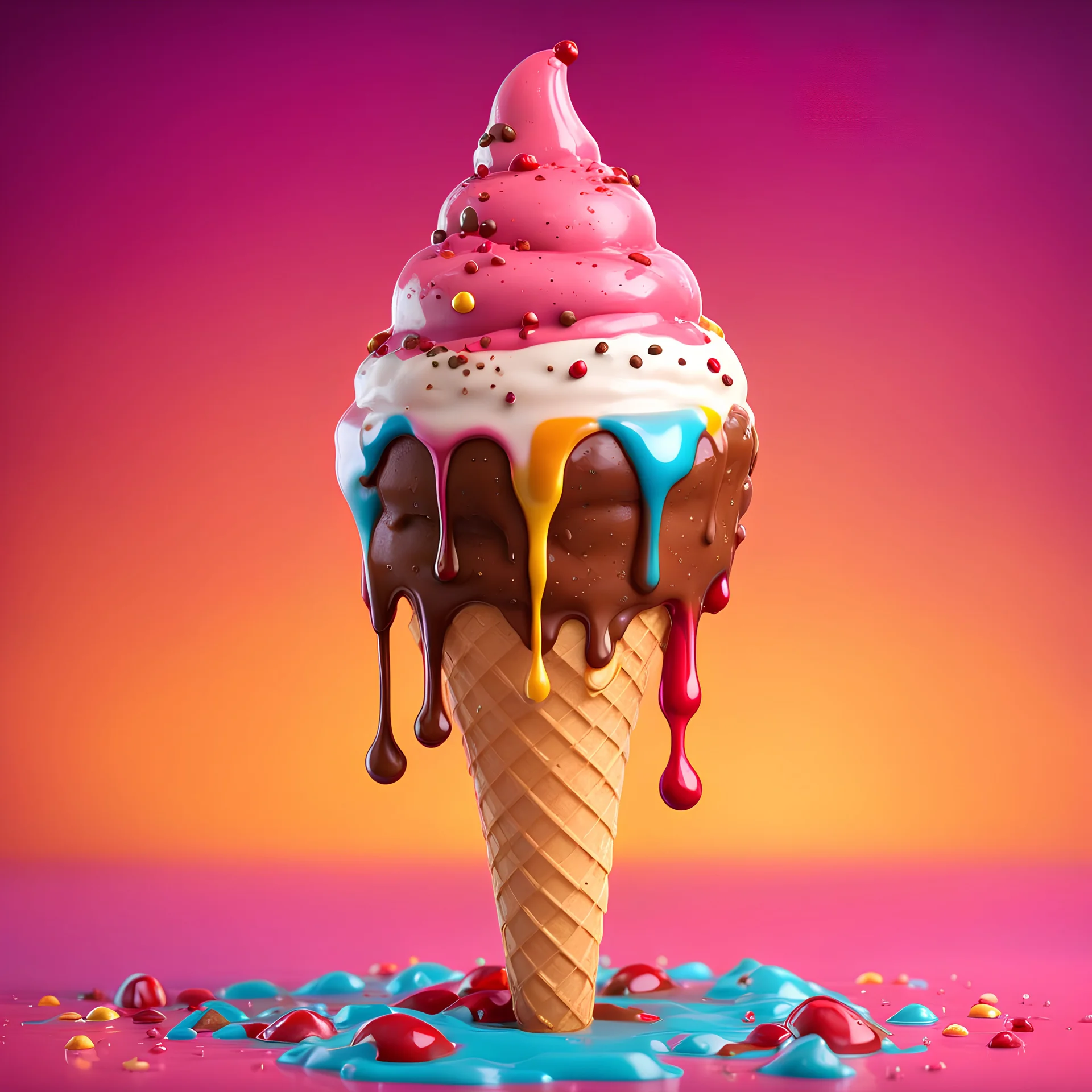 A cute adorable dripping ice-cream cone , playful, vibrant colours, chocolate sprinkles, 3d render, hyper detailed, Z brush, cgi, Pixar 3D cartoon art, jelly texture, art by dr seuss, fun, animated realism, cartooncore, creative lighting, blender, artstation trending, unreal engine, octane render, digital art, cherry eyes, melting body, drizzled with toppings, tongue and balls ice cream