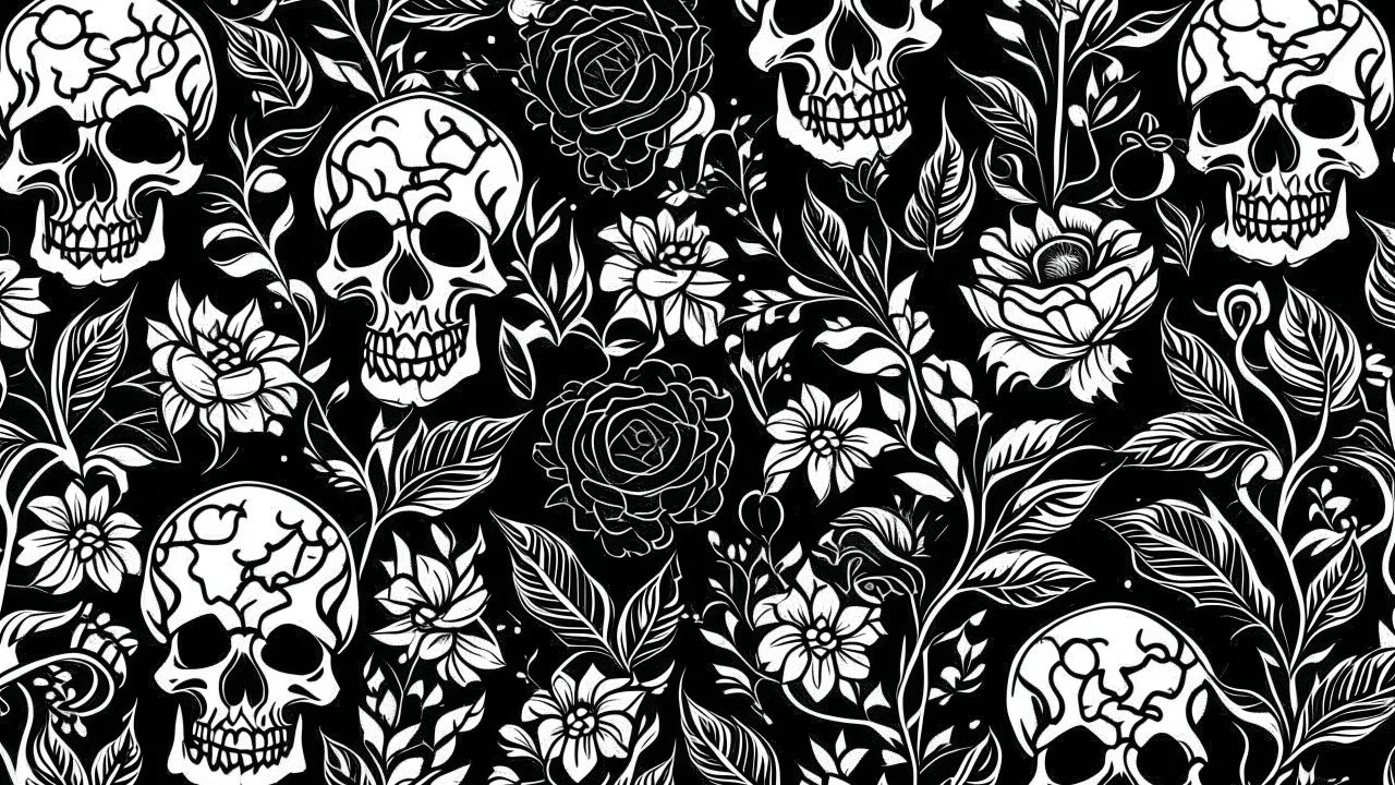 tracery of flowers and skulls, black and white, minimalistic
