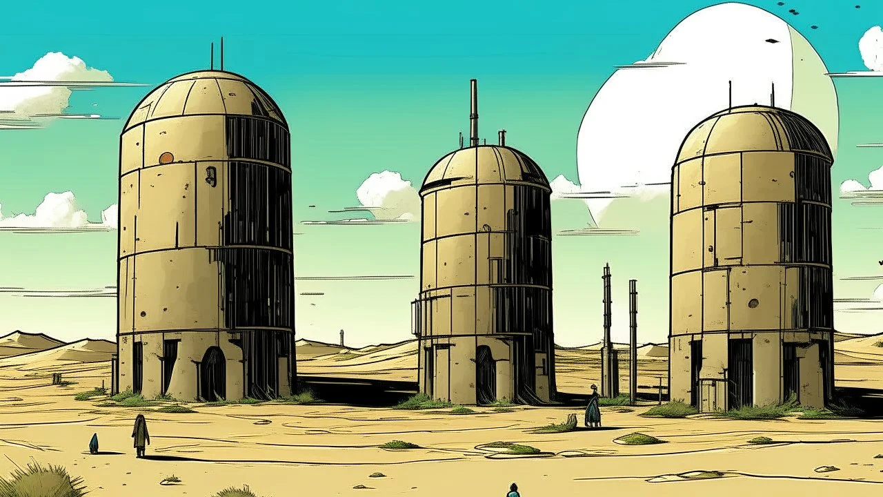 Aged comic book illustration of silos inhabited in a desert landscape, reminiscent of Dune, under a scorching midday sun. The silos are constructed from weathered concrete, with makeshift dwellings attached. Inhabitants, depicted as rugged Middle Eastern men and women in tattered robes, move about their daily lives. The sky is a harsh, cloudless blue, and the sand dunes stretch endlessly into the horizon.