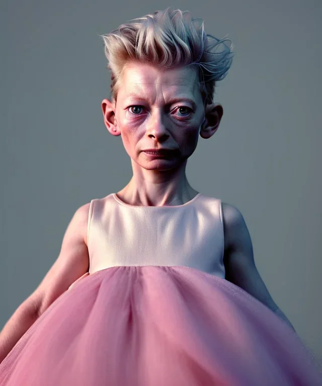 Tilda swinton toddler, full body, shoe, dress, soft skin, dramatic lighting, hyper realistic