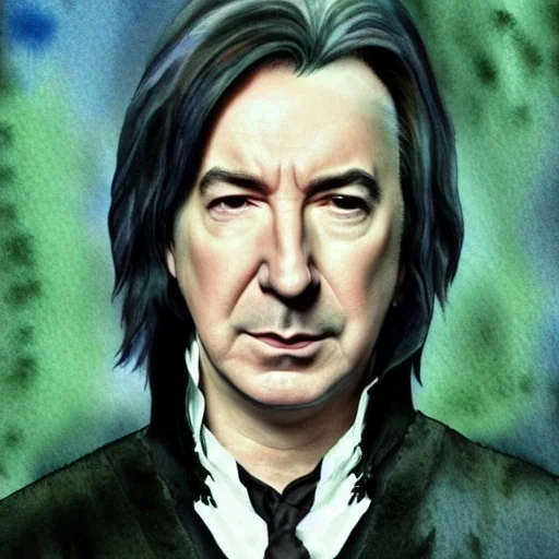 high-quality, fine-detail close-up watercolor of Alan Rickman as Severus Snape, portrait, young, stunning, beautiful, 8k resolution, intricate, digital art, hyper realistic, photorealistic, volumetric lighting, Rafael Augusto, Juan Francisco Casas, Anne Dittman, Anne Stokes, greg rutowski,