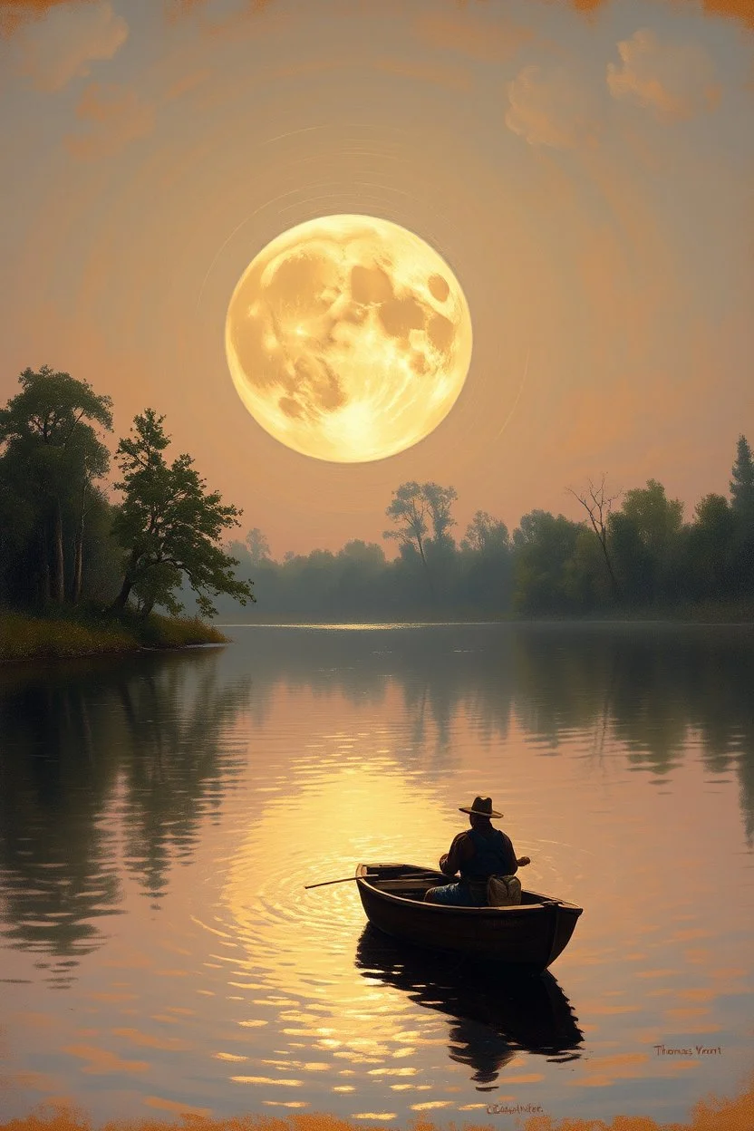 Realistic oil painting of a serene lake with a massive hunters moon in the background, two fishermen in a small boat, intricate details of trees and reflections on the water, by Thomas Moran and Claude Monet, (long shot), warm colors, peaceful atmosphere