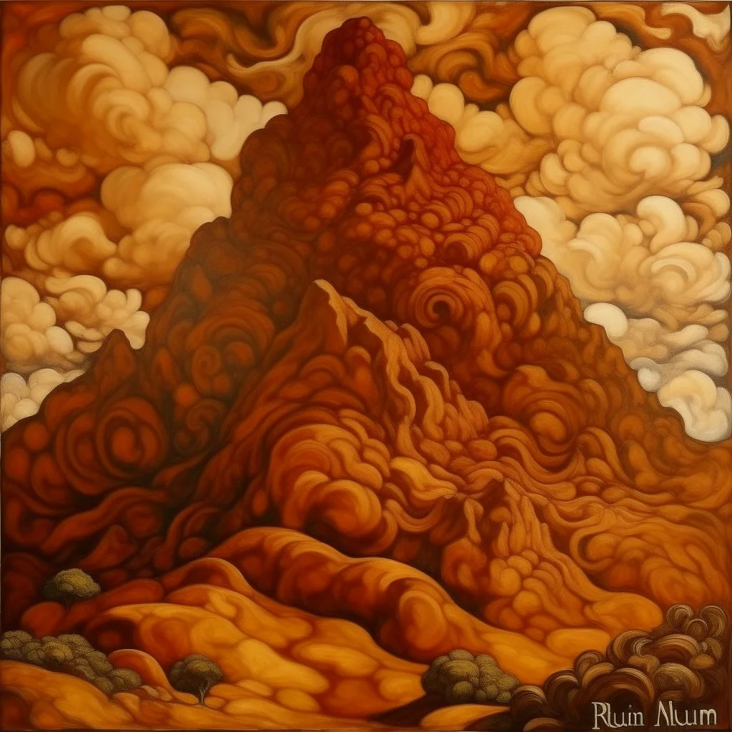 A brown mountain made out of salty cooked meat painted by Paul Ranson