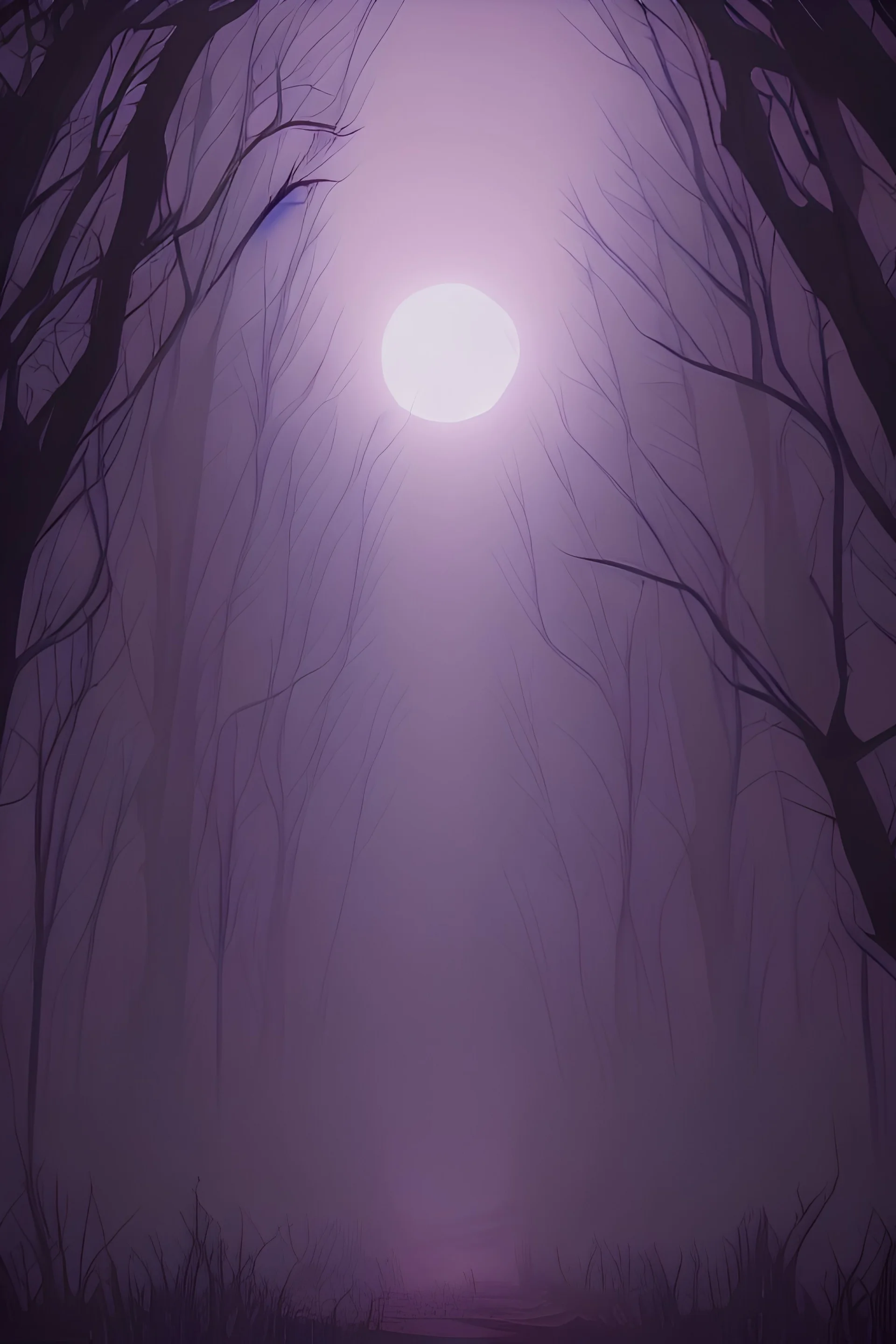 صورة مرعبة لغابة مليئة بالأشجار بها وحوش مقطوعة الرؤوس والقمر في السماء، لون بنفسجي