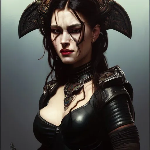 painted portrait of evil goddess in black leather, angry, strong, volouptous, busty, cleavage, emperious, highly detailed, digital painting, artstation, concept art, smooth, sharp focus, illustration, art by gaston bussiere and alphonse mucha