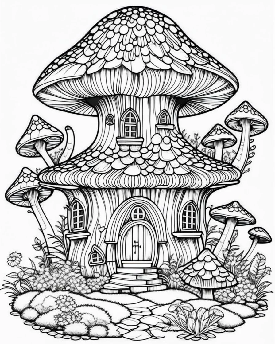 mushroom house ,beautiful forest, no cooler, line art, adult book pages