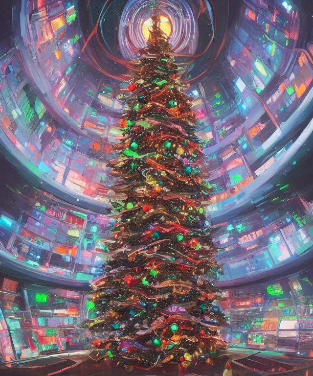 Painting of Christmas tree inside futuristic cyberpunk space ship