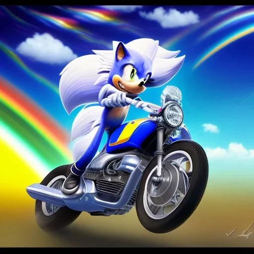 Sonic the hedgehog riding a motorcycle across a rainbow