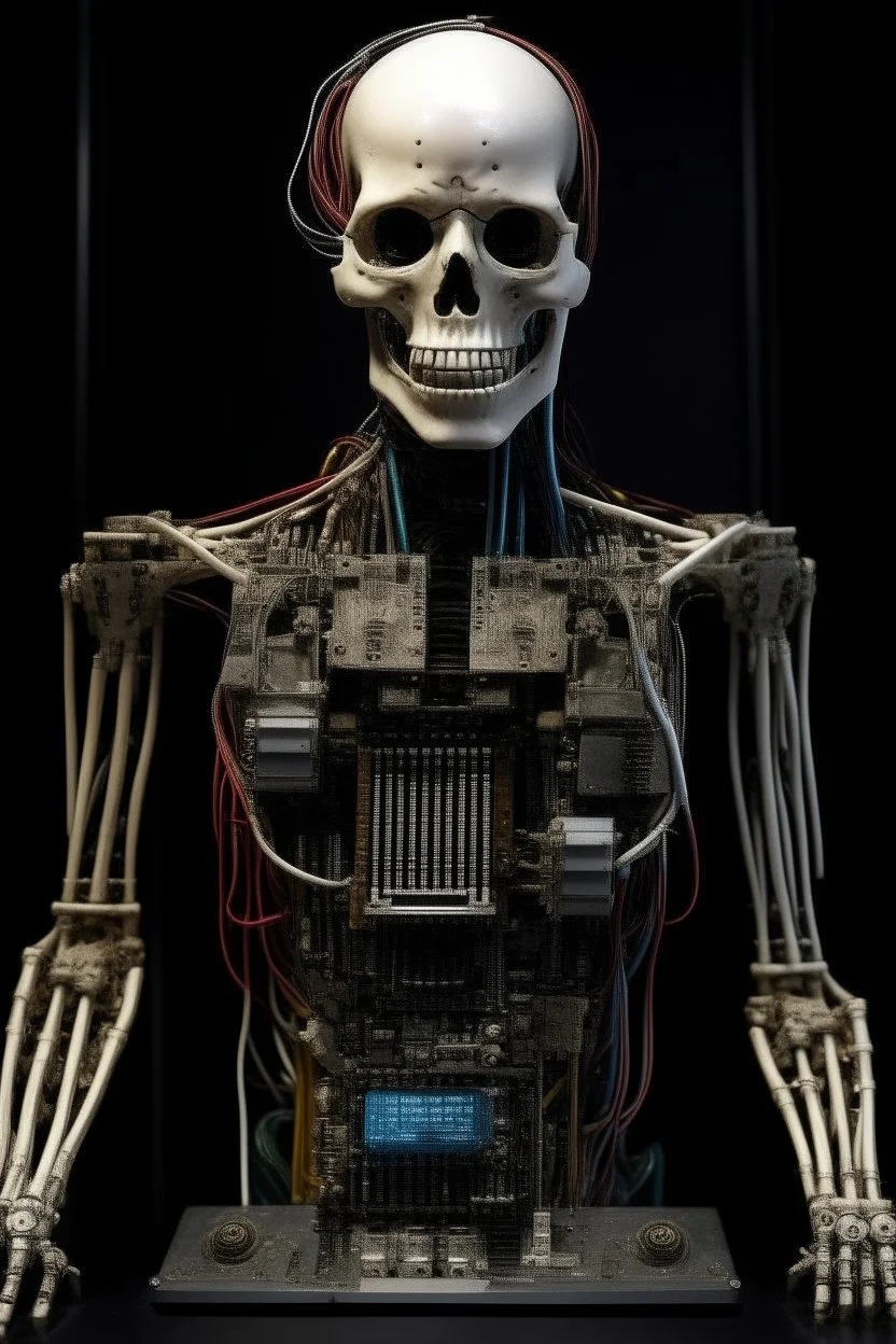 A creature half human half machine with electronic chips , front view