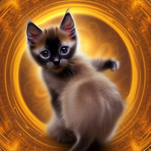 A high-speed action shot of a young Siamese kittenwith brown ears, captured in mid-leap or play. The image is detailed and intricate, featuring swirling fractal patterns surrounding the kitten, enhancing the sense of motion and energy. In the background, there's a mesmerizing fractal landscape, with complex geometric shapes and vibrant colors. The landscape and the fractal patterns around the puppy blend seamlessly, creating a dynamic and visually captivating scene in space with chrome silver pl