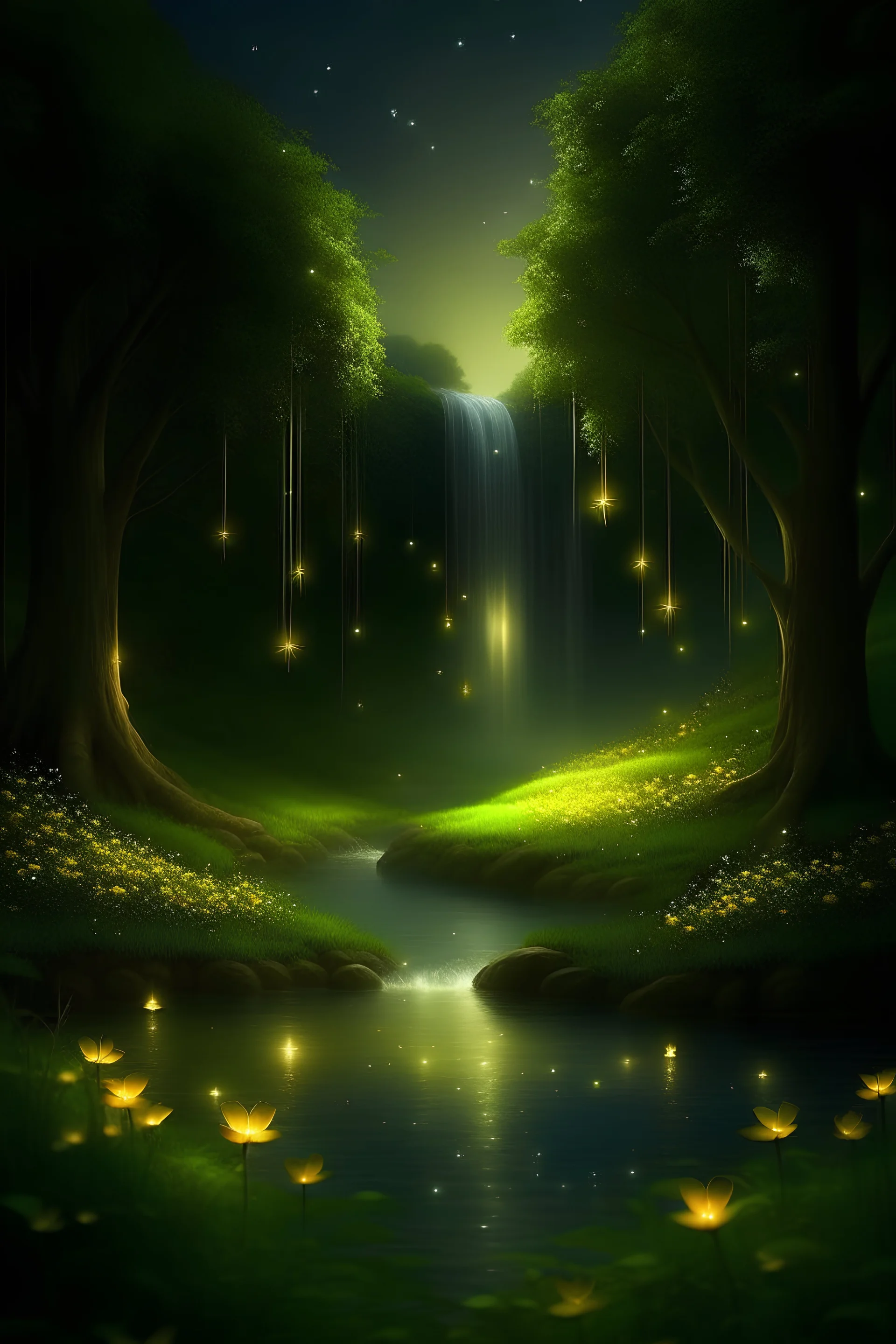 cielo estrellado de la primavera, un lago tranquilo refleja la luz de la luna. Los árboles florecen en colores suaves, mientras las luciérnagas danzan en el aire, iluminando la noche con destellos dorados. una cascada completa este cuadro mágico de serenidad nocturna.
