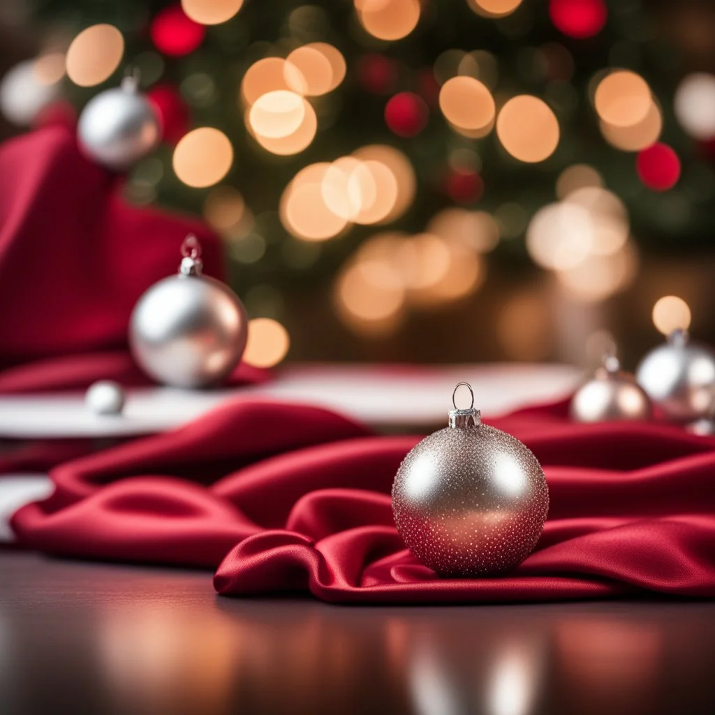 Beautiful Christmas Ornaments On Both Sides Of The Table Leaving The Center Of Table Empty With Red Silky Cloth With Beautiful Bokeh Background.