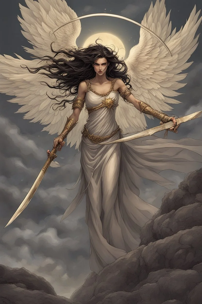 Dahlia, angel of righteous demise, Traces with her scythe a five-pointed star— A prison to bind the demon in his tracks. Raising her blade to the gloomy skies, She invokes her sacred, fearsome role— "I am the goddess of the dead and damned!"