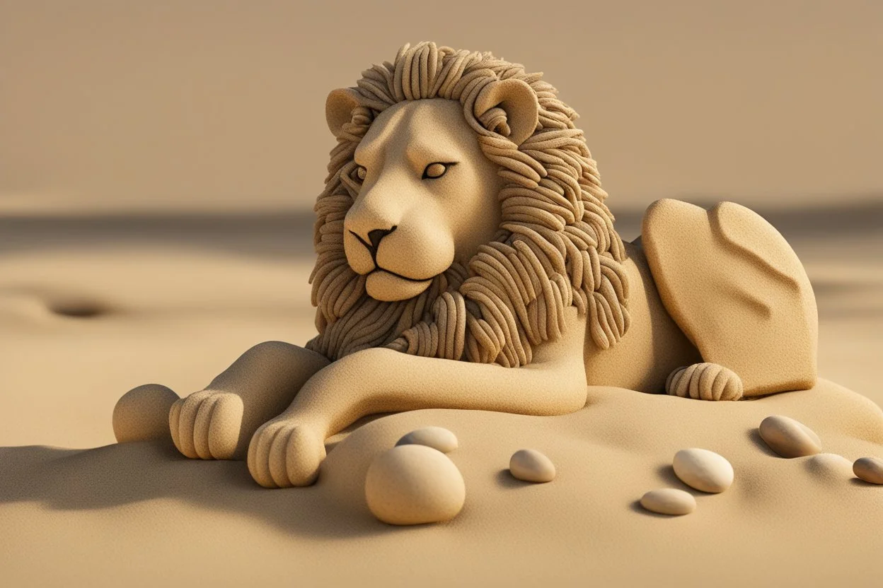 lion made of pebbles in sand