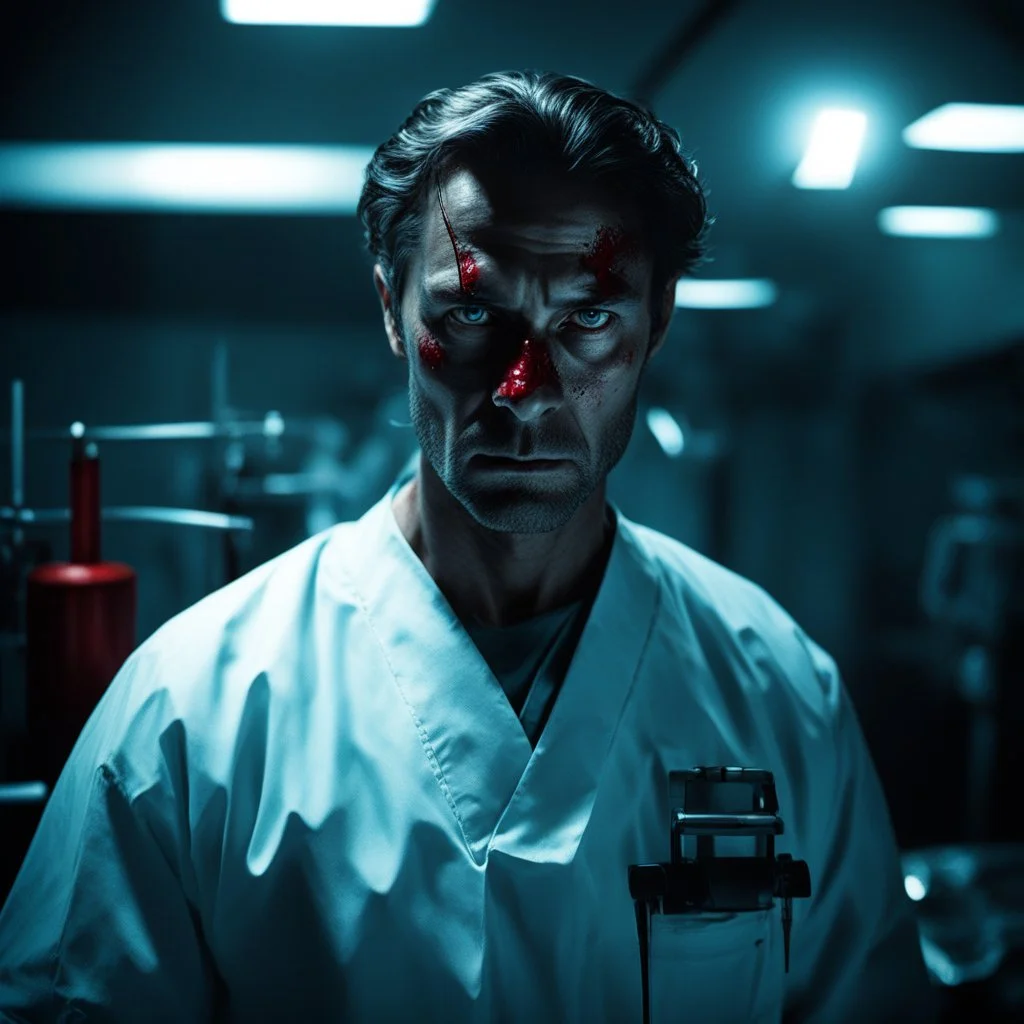 In a dimly lit operating room, the air thick with the metallic scent of blood, a surgeon stands over the camera. His eyes, cold and calculating, meet the camera with a menacing glare. The flickering light casts eerie shadows across his scarred face, a testament to the horrors he has witnessed and inflicted. With a bloodied scimitar resting on his lips, he exudes a chilling aura of power and control. Each scar on his skin tells a story of pain and suffering, a dark history etched into his very be