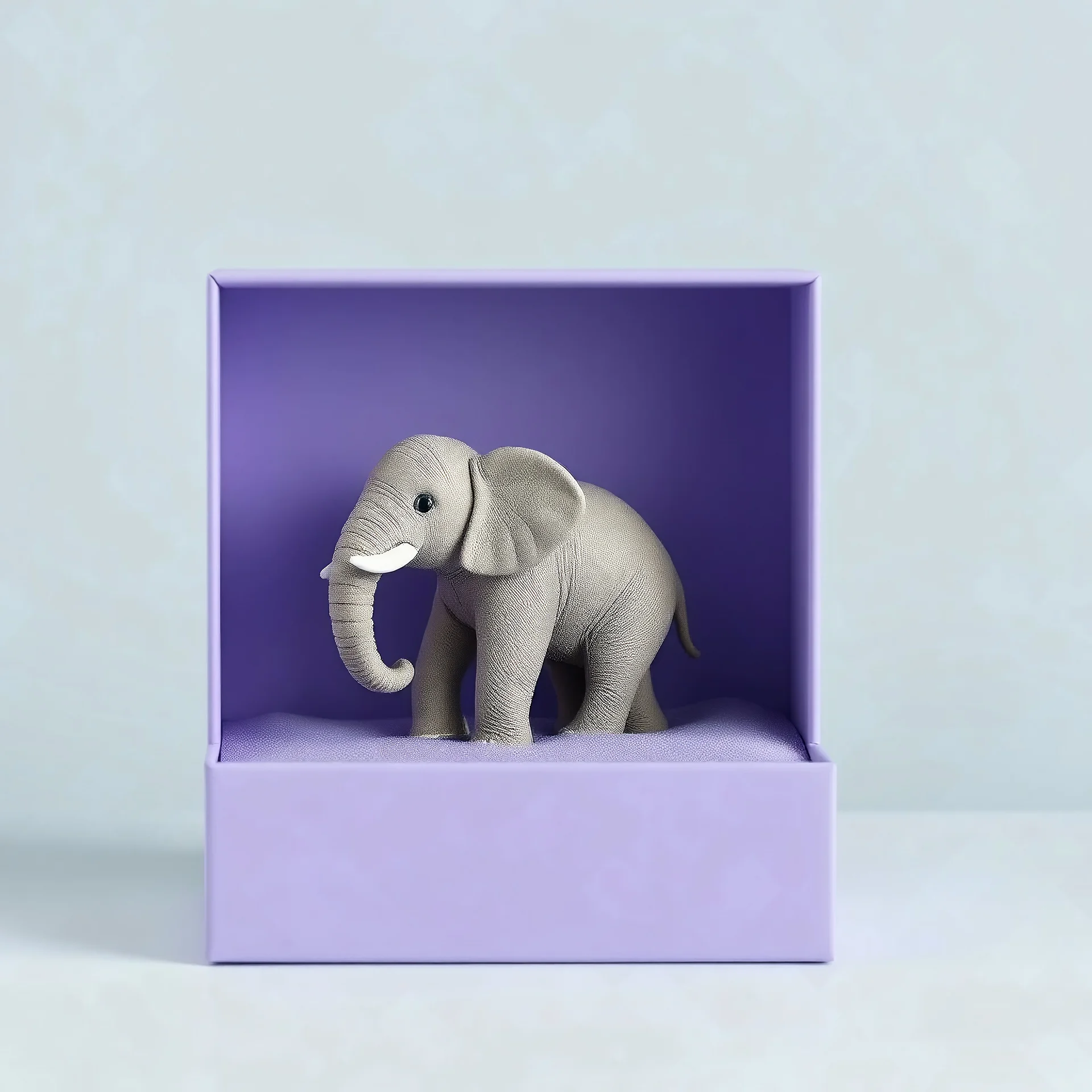 A minimalism of an elephant in a purple box, featuring a delicate balance of softness and clarity