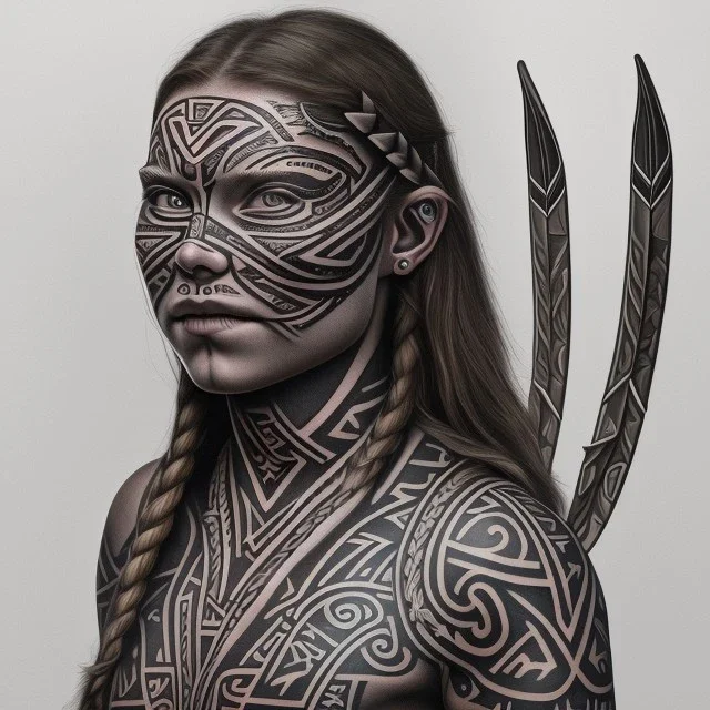  Greta Thunberg Chef Maori iron maiden tatouages tribaux maoris, arc à flèches, full détail, 4k,