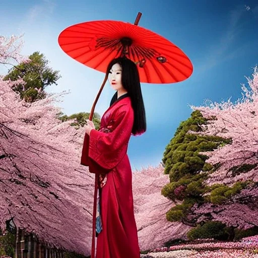 detailed matte painting of gorgeous, stunning Japanese woman with bamboo umbrella, cherry blossoms, kimono, 8k, high-quality, ultra-fine detail, detailed matte, digital art, Brian Froud, Howard Lyon, Anna Dittman, Anne Stokes, Selina French, Greg Rutowski